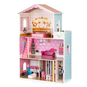 Dřevěný domeček pro panenky s výtahem | nábytek, barevný otevřený realistický domeček s nábytkem, ideální pro hru a rozvoj představivosti.