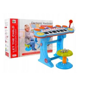 Keyboard pro děti + bubny MP3 USB 3 oktávy | modrý obshuje hudební klávesnici se stupnicí, 5 druhů malých bubínků, židli a další.