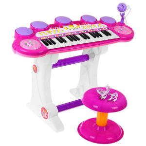 Keyboard pro děti + bubny MP3 USB 3 oktávy | růžový se stupnicí a bubny. Obsahuje 6 druhů hudebních rytmů a 8 druhů nástrojů.