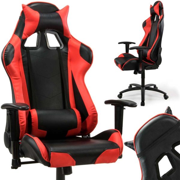 Herní židle s opěrkou hlavy | černo-červená je tvarovaná tak, aby zajistila nejvyšší komfort sezení. S nastavitelným úhlem sklonu.