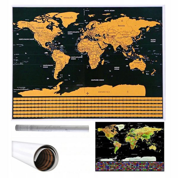 Stírací mapa světa s vlajkami XXL | 82x59 cm je dokonalým doplňkem pro každého cestovatele. Mapu lze připevnit přímo na stěnu.