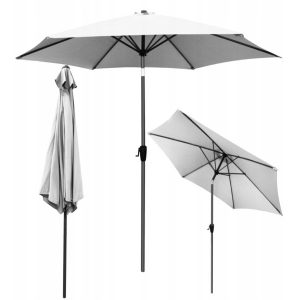 Velký skládací zahradní deštník 3m | světle šedý má velký průměr, díky čemuž poskytuje velmi dobrou ochranu před nadměrným slunečním zářením.