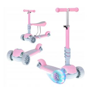 Dětská tříkolová koloběžka se sedátkem LED 3v1 | růžová kombinující funkce koloběžky, tříkolky a skateboardu. Maximální zatížení: do 20 kg.