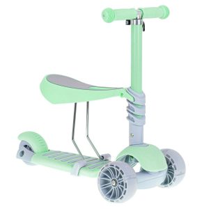 Dětská tříkolová koloběžka se sedátkem LED | zelená kombinující funkce koloběžky, tříkolky a skateboardu. Maximální zatížení: do 20 kg.
