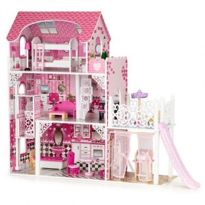 Dřevěný domeček pro panenky se skluzavkou XXL | růžový