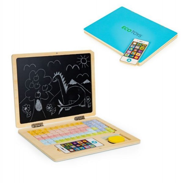 Dřevěný edukační laptop s tabulí | modrý