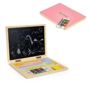 Dřevěný edukační laptop s tabulí | růžový