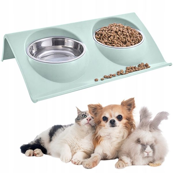 Miska pro psa a kočku dvojitá s podstavcem | 2x350ml má speciální profilovaný stojan, což usnadňuje psovi jedení nebo pití.