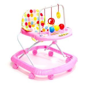Dětské edukační chodítko s hračkami a zvuky | růžové má 8 otočných koleček, které usnadní pohyb dítěte. Lehká konstrukce.