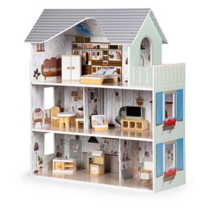 Dřevěný domeček pro panenky s nábytkem | Residence má 3 samostatná podlaží s celkem 4 pokoji. Fantastický dárek, který můžete dát dítěti.
