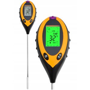 Měřič kyselosti půdy - PH tester | 4 funkce umožňuje měřit vlhkost, pH, teplotu půdy a sluneční světlo. Má podsvícený displej.