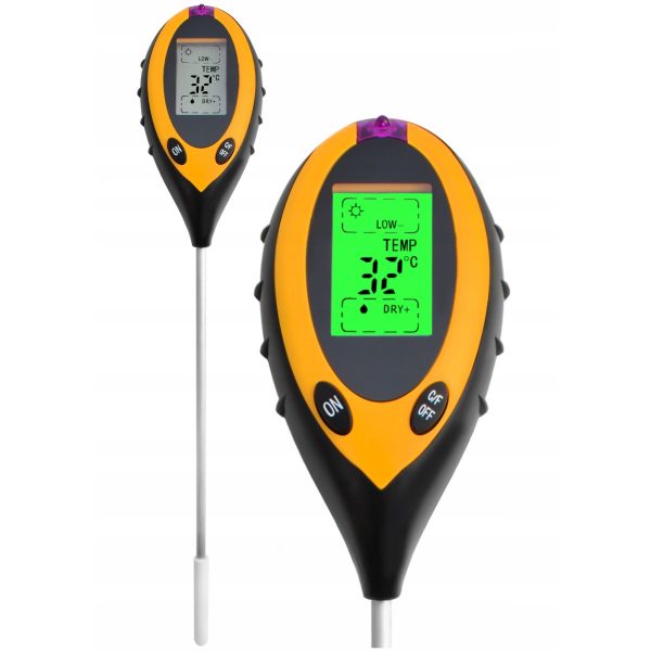 Měřič kyselosti půdy - PH tester | 4 funkce umožňuje měřit vlhkost, pH, teplotu půdy a sluneční světlo. Má podsvícený displej.
