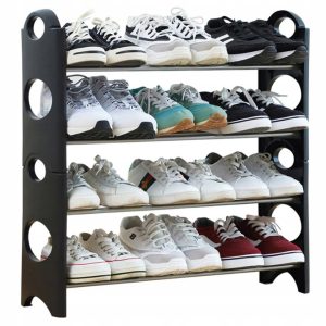 Skládací regál na boty - botník | 12 párů se skládá ze čtyř spojených bloků a 8 kusů trubic na 12 párů bot.