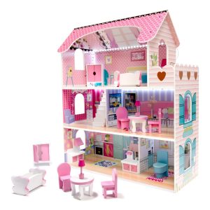 Dřevěný domeček pro panenky s nábytkem a LED světlem | růžový dává velké možnosti pro zábavu a uspořádání jednotlivých místností.