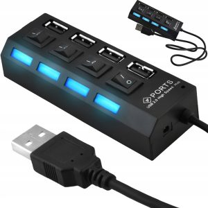 USB Hub - rozbočovač 4 porty USB 2.0 má rychlost přenosu dat je až 480 Mbps. Hub má 4 vypínače ON-OFF a LED osvětlení.