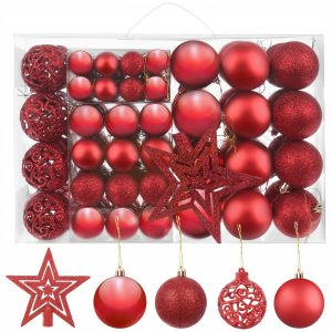 Vánoční koule - ozdoby + hvězda 100ks | červené obsahuje matné ozdoby, třpytivé ozdoby, lesklé ozdoby, hvězdu.