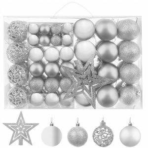Vánoční koule - ozdoby + hvězda 100ks | stříbrné obsahuje matné ozdoby, třpytivé ozdoby, lesklé ozdoby, hvězdu.