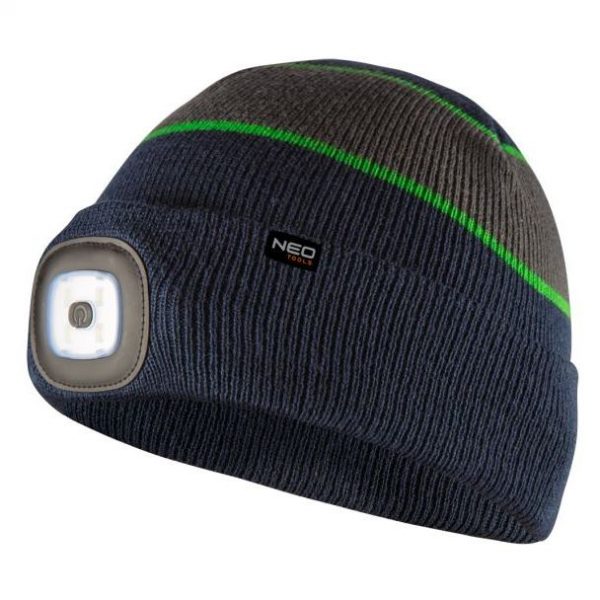 NEO čepice s LED baterkou, tmavě modro-šedo-zelená WARM, je pracovní čepice pro věrné fanoušky značky NEO TOOLS.