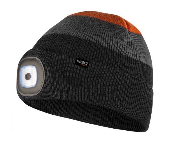 NEO čepice s LED baterkou, černo-šedo-oranžová WARM, je pracovní čepice pro věrné fanoušky značky NEO TOOLS - v barvách značky.