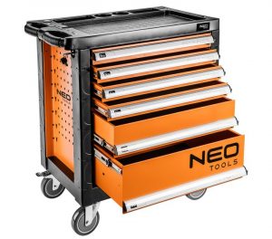 Dílenský vozík značky NEO TOOLS má až šest praktických zásuvek na nářadí a uzavírá se centrálním zámkem.