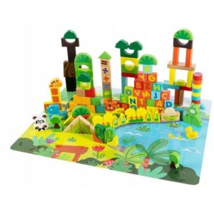 Dřevěné vzdělávací kostky s puzzle podložkou | džungle umožňuje vybudovat velký park se zvířaty, který zahrnuje stromy, keře, zvířata.