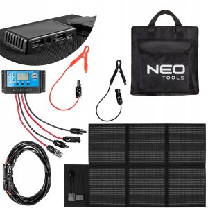 Přenosný solární panel / solární nabíječka 120W USB NEO | 90-141 umožňuje nabíjení 12V baterií a malých elektronických zařízení.
