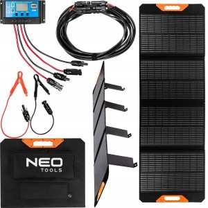 Přenosný solární panel / solární nabíječka 140W USB NEO | 90-142 obsahuje: solární panel 140W, regulátor napětí, kabel MC4, nabíjecí kabely.