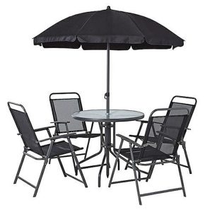 Zahradní sestava LETICIA GREY - stůl židle deštník - set se skládá ze čtyř židlí, stolu a slunečníku. Šedá barva.