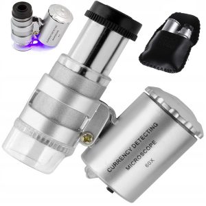 Kapesní mini mikroskop 60x s LED osvětlením a UV - se zvětšením 60x s 2 LED diodami a ultrafialovým UV. Obsahuje praktické pouzdro.