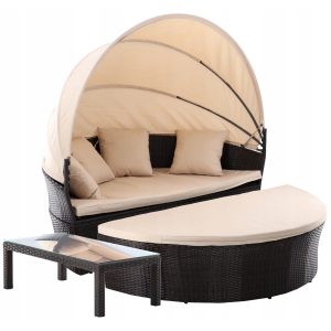 Zahradní ratanová postel se stolkem - rozkládací | hnědá / béžová - nábytek skládající se ze 2 sekcí bude ideální pro vaši zahradu.