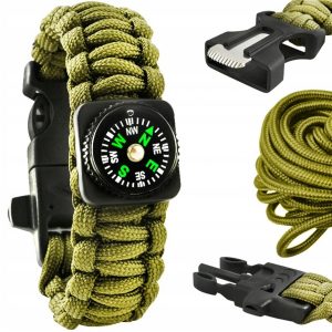 Survival náramek na přežití 5v1 | zelený - má až 5 funkcí: lano, nůž, křesadlo, kompas a píšťalka. Délka lana: 3m.