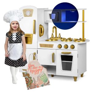 Dětská dřevěná kuchyňka s lednicí bíle zlatá