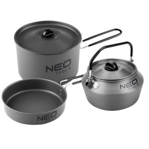 Kempingové / turistické nádobí 3v1 NEO | 63-145 - outdoorová sada nádobí obsahuje: hrnec, čajník / konvici a pánev.