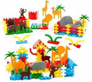 Dětská stavebnice - ZOO zvířátka 235 ks - žirafu, slona, leva, kocovinu, nosorožce, lamu, medvěda, velblouda, stromy, palmy, ploty.