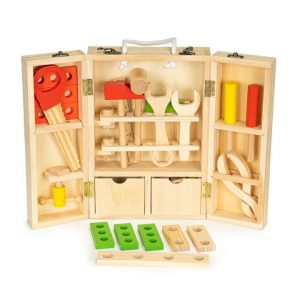 Dětské dřevěné nářadí v kufříku XXL - dřevěné prvky, spojovací prvky, hřebíky, šrouby a podložky. 100% bezpečná pro děti.