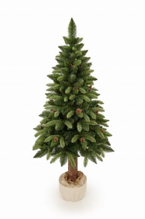 Umělý vánoční stromek na pníku se šiškami PREMIUM | 2m - stromek je osazen na přírodním kmeni borovice. Je ozdoben přírodními koblihami.