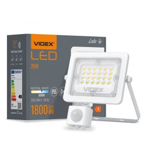 LED reflektor se senzorem pohybu 1800lm 20W PIR | VIDEX - má stupeň krytí IP65 a ochranu proti mechanickému nárazu IK07 a dokonale odolává vlhkosti.