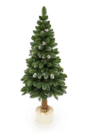Umělý vánoční stromek na pníku se šiškami PREMIUM | 2m - stromek je umístěn ve stabilním květináči, který je umístěn ve vkusném jutovém pytli.