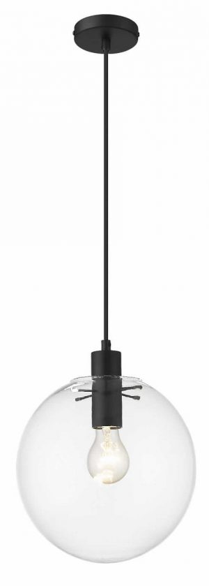 Závěsná lampa, černá, Puerto | LP-004/1P M BK ve tvaru koule, které poskytuje jeden zdroj světla. Koule je vyrobena z průhledného skla.