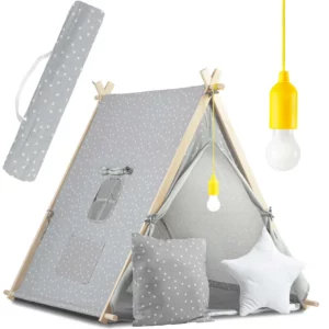 Dětský stan TeePee s lampou | šedý, vyroben z prémiové bavlny. Bavlna je ideální pro dětské stany, jelikož je dokonale prodyšná.