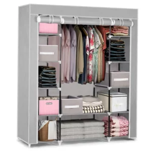 Textilní šatní skříň, šedá, 45x135x170 cm, + zásuvky | Massido je praktická jednoduše proto, že ji můžete v případě potřeby snadno rozložit a uskladnit.