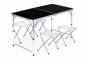 Turistický stůl, skládací, + 4 židle, černý | 119,5 x 60 cm, bude perfektní soupravou na cestování nebo dovolenkové výlety.