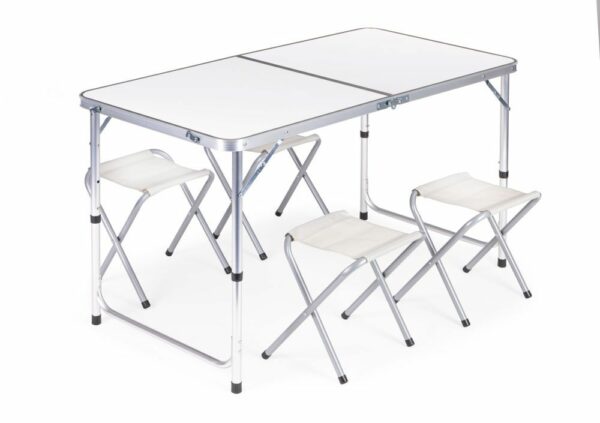 Turistický stůl, skládací, + 4 židle | 119,5 x 60 cm, bude perfektní soupravou na cestování nebo dovolenkové výlety.