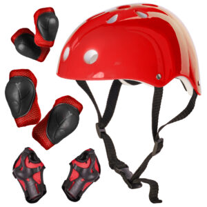 Dětské chrániče s přilbou, sada 7 ks | červené ochrání vaše dítě před tělesnými zraněními, ke kterým může dojít při pádu.