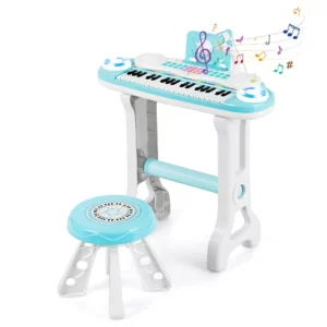 Dětský klavír s příslušenstvím, 47 x 20 x 60 cm, modrý, nabízí dětem 8 rytmů, 8 zvuků nástrojů, 4 perkuse a demo písně. Mohou také zpívat do mikrofonu