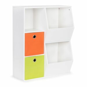 Dřevěná police na hračky, 76 x 94 x 28,2, oranžovo-zelená | ECOTOYS má funkční police a barevné textilní nádoby na hračky. Hodí do každého typu interiéru.