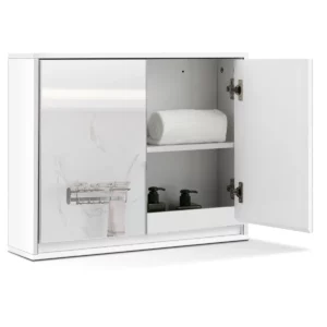 Koupelnová skříňka, zrcadlová, 2dveřová | bílá dokonale zapadne do vašeho stylu domácí dekorace ak ostatnímu nábytku. Lze ji připevnit ke stěně.