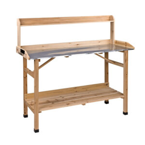 Pracovní stůl, dřevěný, pozinkovaný | 120 x 45 x 111 cm, z impregnovaného masivního dřeva, s pozinkovanou pracovní plochou.