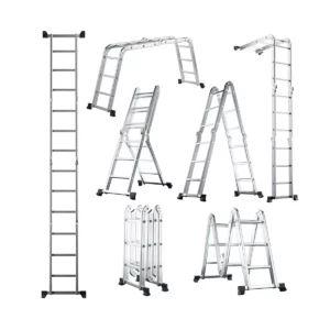 Skládací žebříkové lešení 7v1 | 150 kg má 7 různých konfigurací: rovný žebřík, žebřík, lešení, převislý žebřík, žebřík ve tvaru M a schodišťový žebřík.