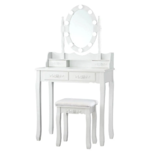 Toaletní stolek s taburetkou, zrcadlo, LED osvětlení | bílý z vysoce kvalitního materiálu a pevné konstrukce bude vypadat krásně v každém interiéru.